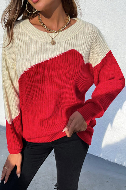 Creamtopmall Round Neck Contrast Patchwork Pullover