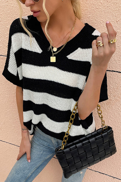 Creamtopmall V-Neck Striped Short-Sleeved Sweater