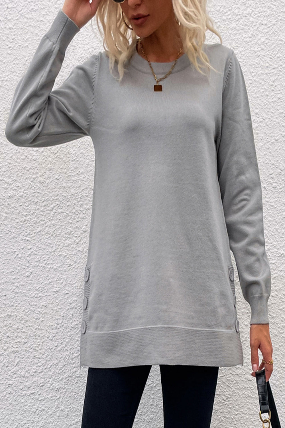 Creamtopmall Round Neck Button Solid Color Slit Knit Sweater