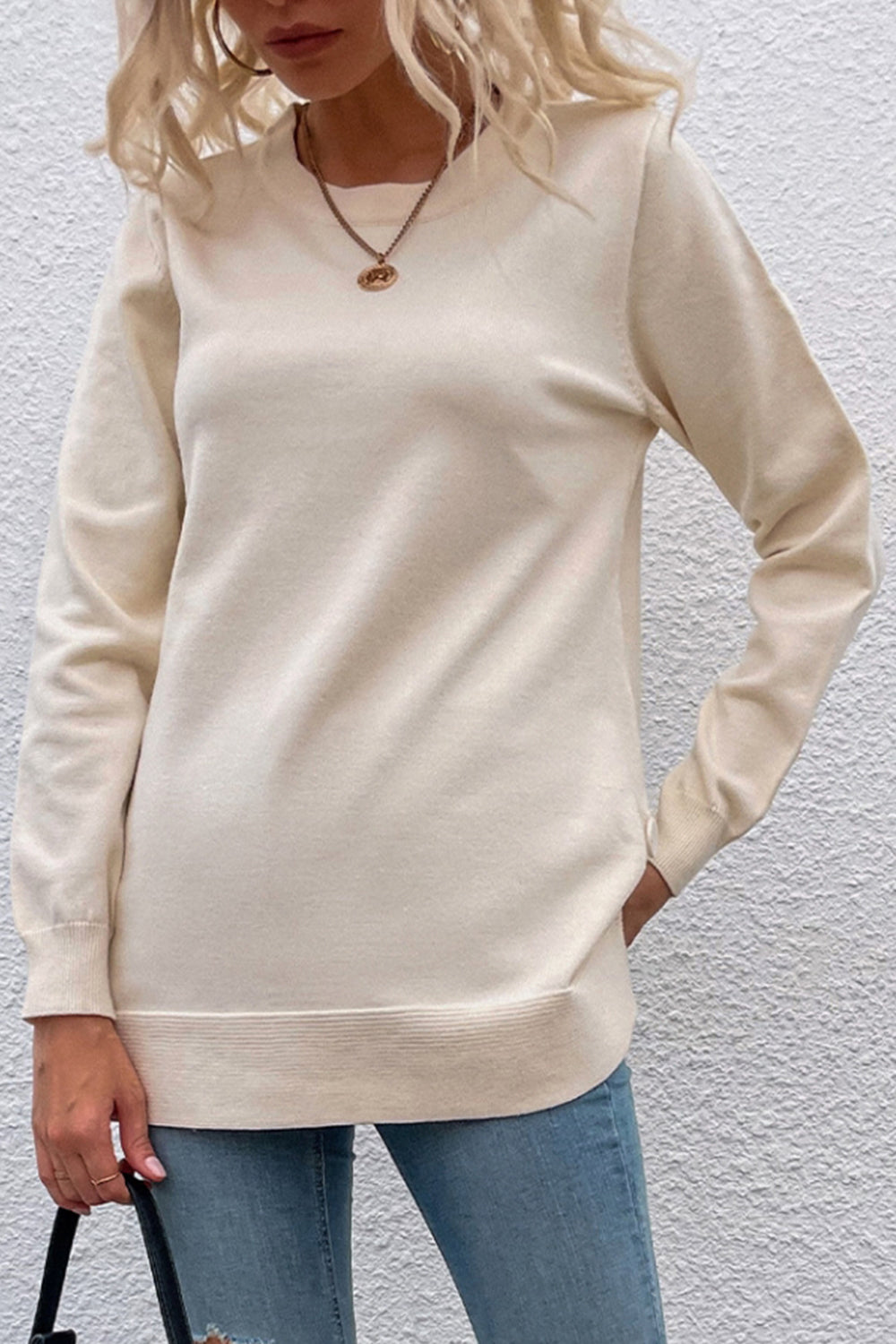 Creamtopmall Round Neck Button Solid Color Slit Knit Sweater