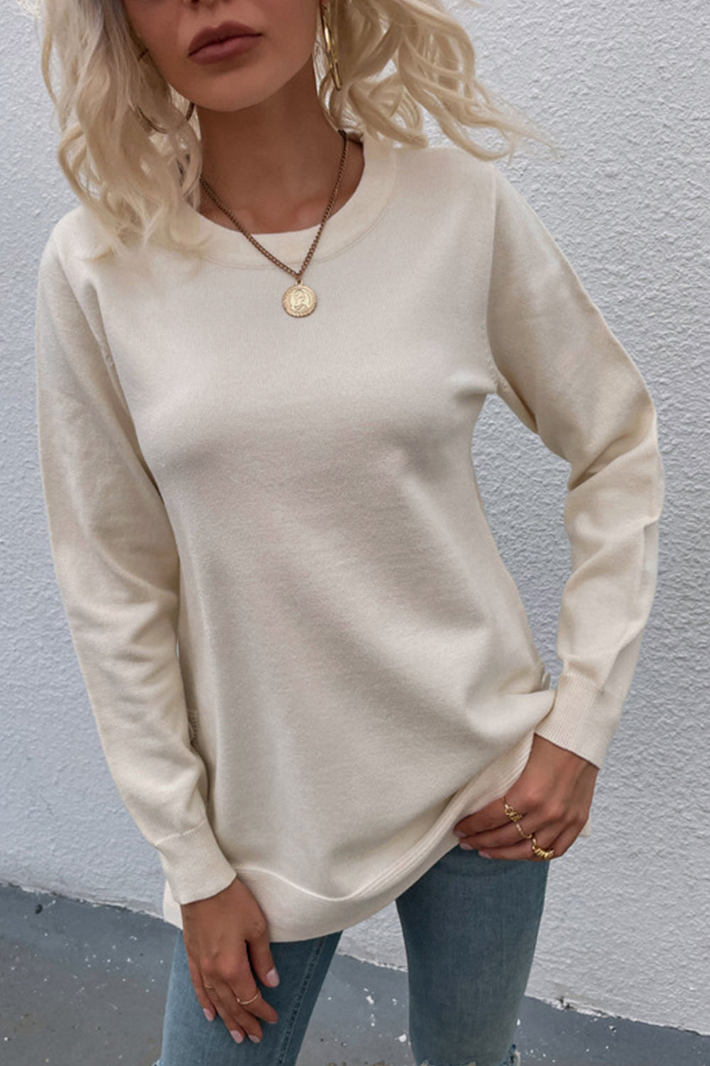 Creamtopmall Round Neck Button Solid Color Slit Knit Sweater