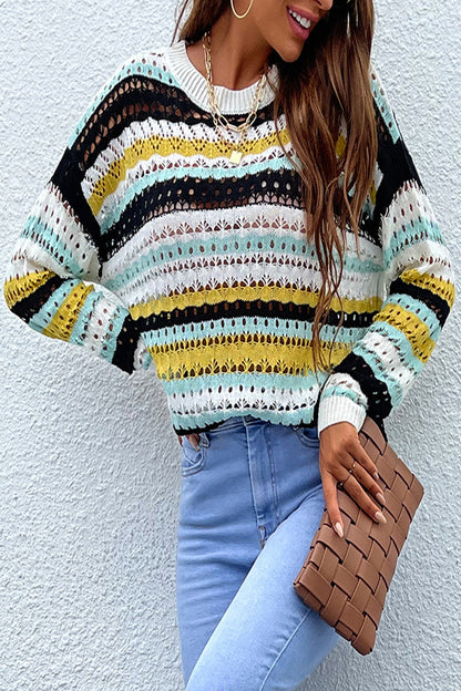 Creamtopmall Mix-Color Striped Patchwork Hollow Sweater