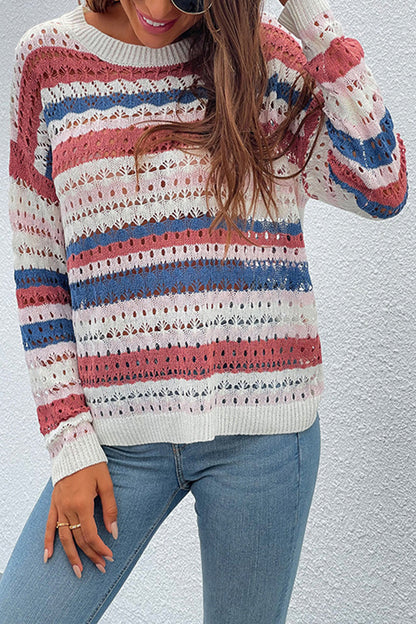 Creamtopmall Mix-Color Striped Patchwork Hollow Sweater