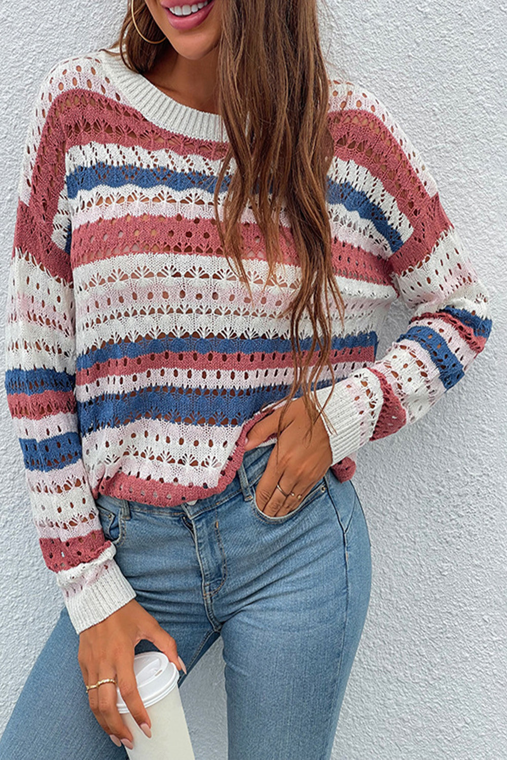 Creamtopmall Mix-Color Striped Patchwork Hollow Sweater