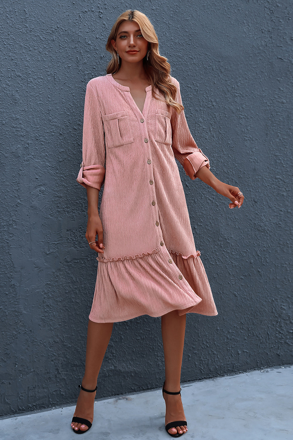 Creamtopmall Solid Color Long-Sleeved Cardigan Dress