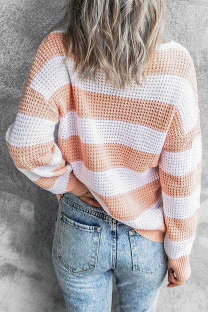 Creamtopmall V-Neck Striped Waffle Sweater