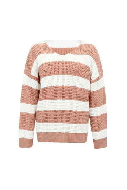 Creamtopmall V-Neck Striped Waffle Sweater