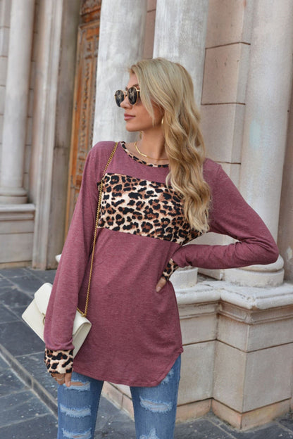 Creamtopmall Leopard Print Stitching Round Neck Long Sleeve T-shirt