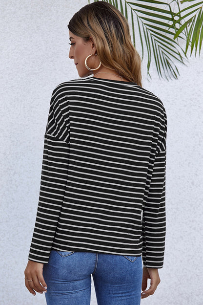 Creamtopmall Long-Sleeve Loose Round Neck Striped T-shirt