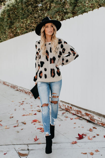 Creamtopmall Leopard Round Neck Pullover Sweater