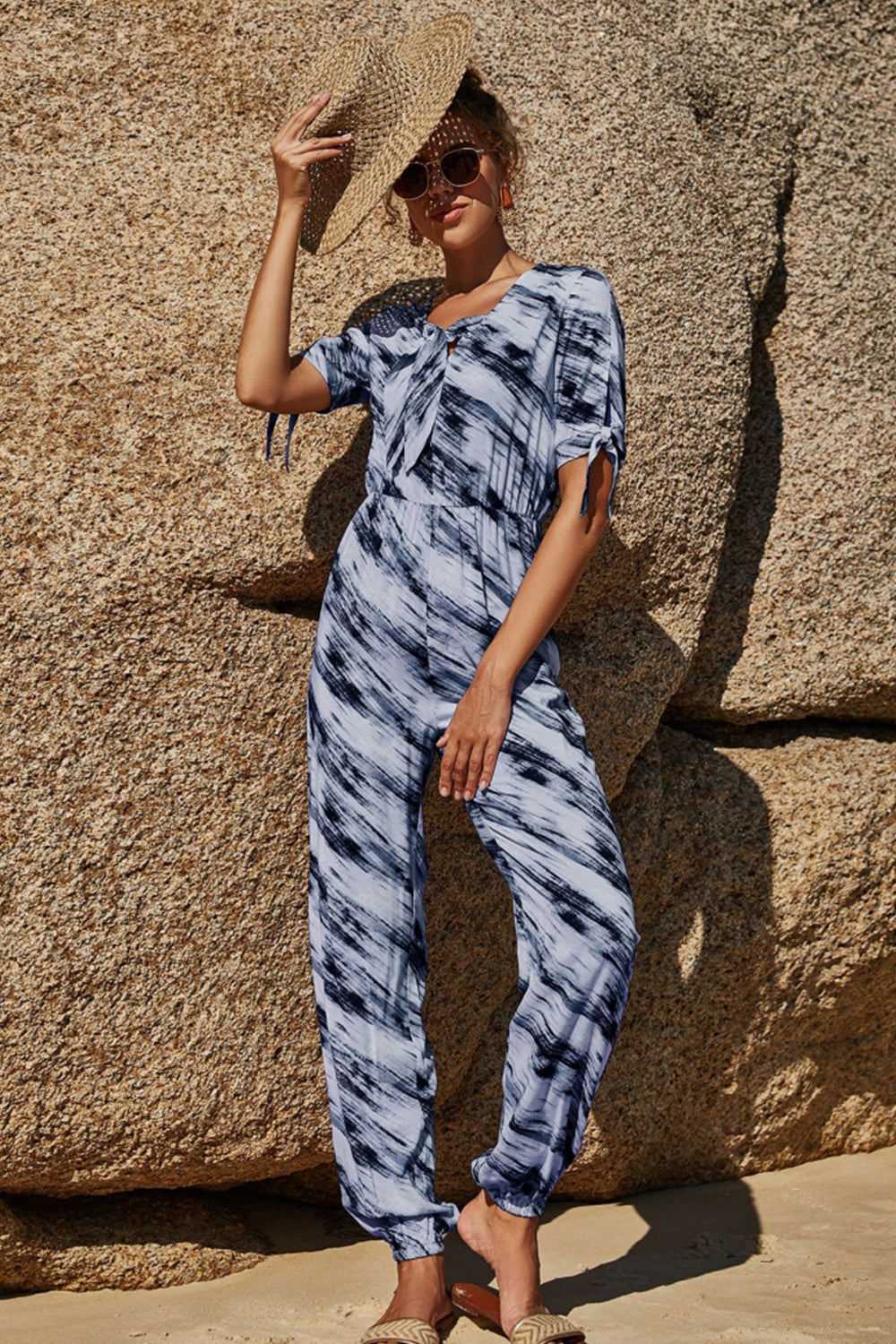 creamtopmall Printed Tie Jumpsuit