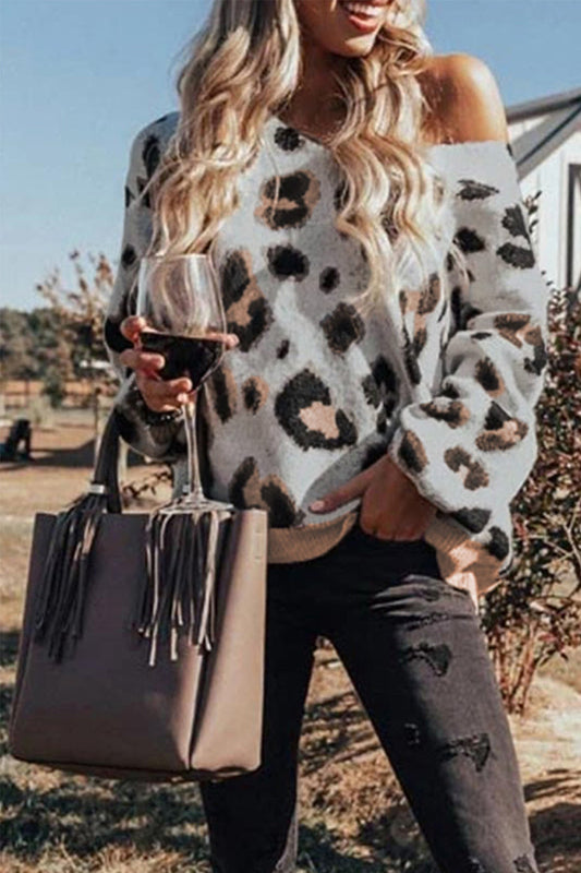 Creamtopmall Leopard Print One-shoulder Loose Sweater