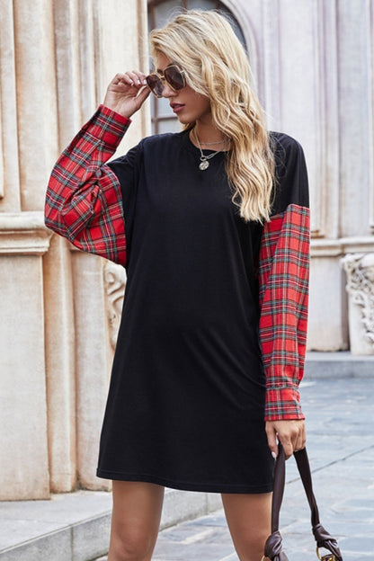 Creamtopmall Round Neck Stitching Plaid Sweater Dress