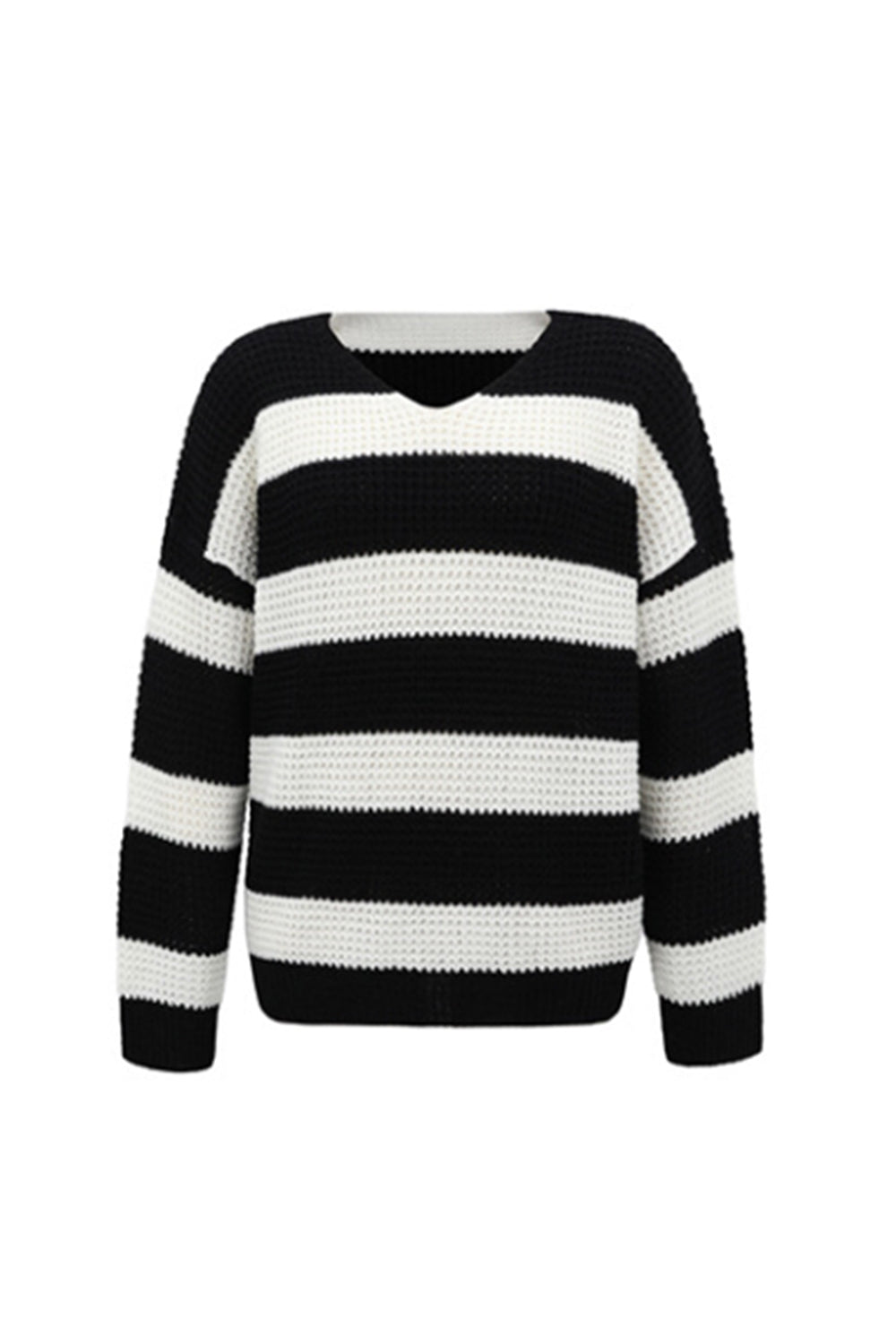 Creamtopmall V-Neck Striped Waffle Sweater