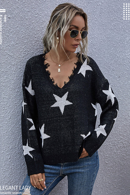 Creamtopmall Loose  V-neck Star Knitted Sweater