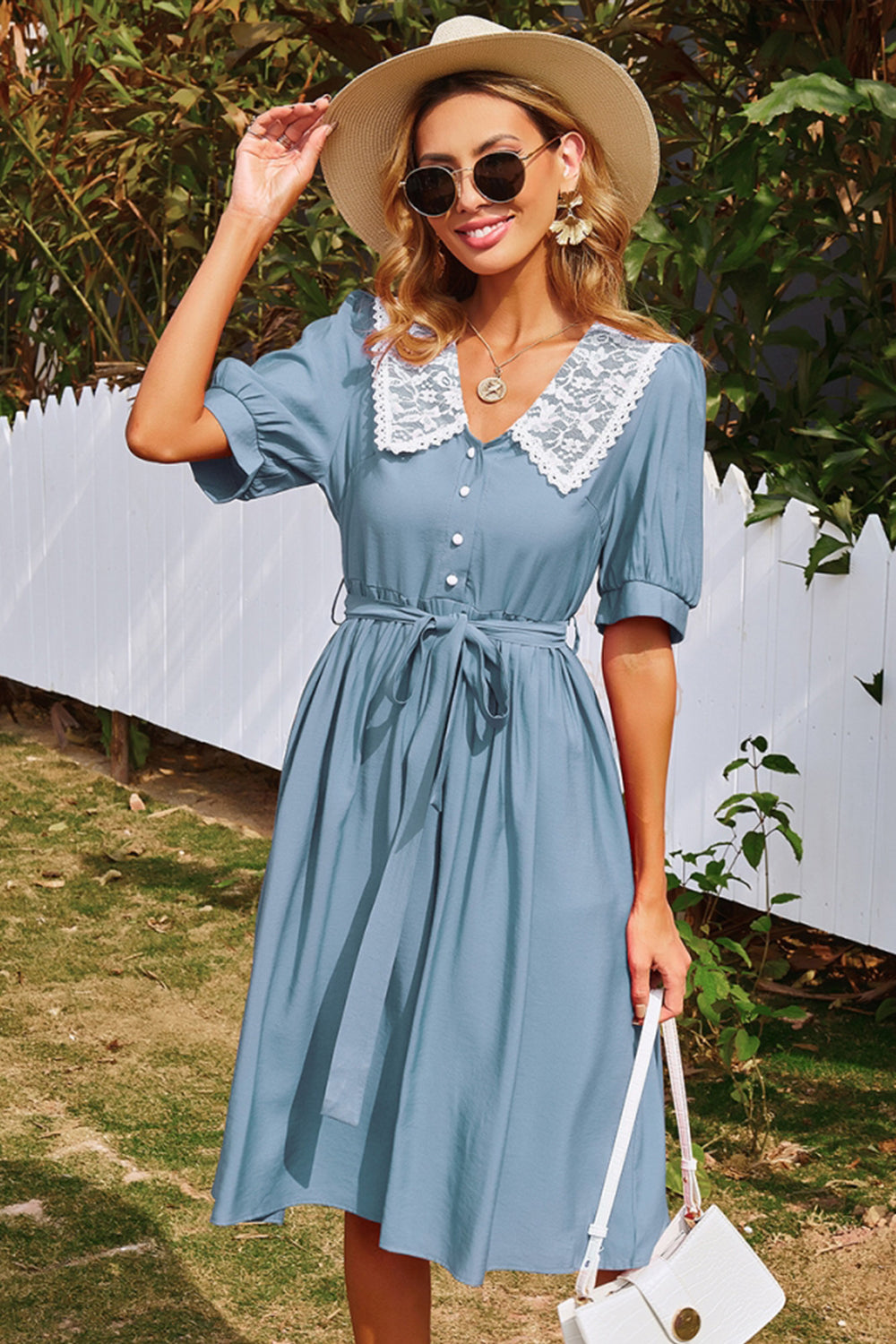 Creamtopmall Solid Color Elastic Waist Midi Dress