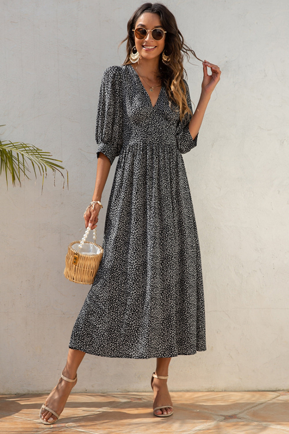 Creamtopmall V-Neck Printed Mid-Sleeved Dress