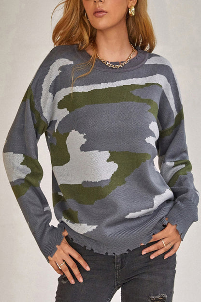 Creamtopmall Camouflage Ripped Fringed Sweater