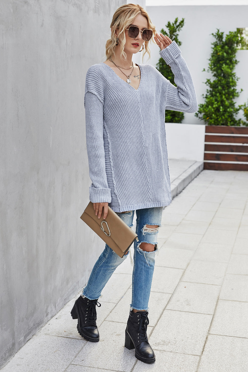 Creamtopmall Solid Color Deep V Knitted Loose Sweater