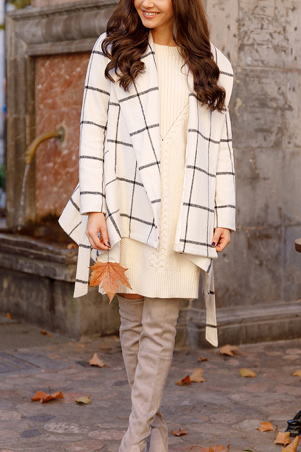 Creamtopmall Tweed Belt Plaid Coat