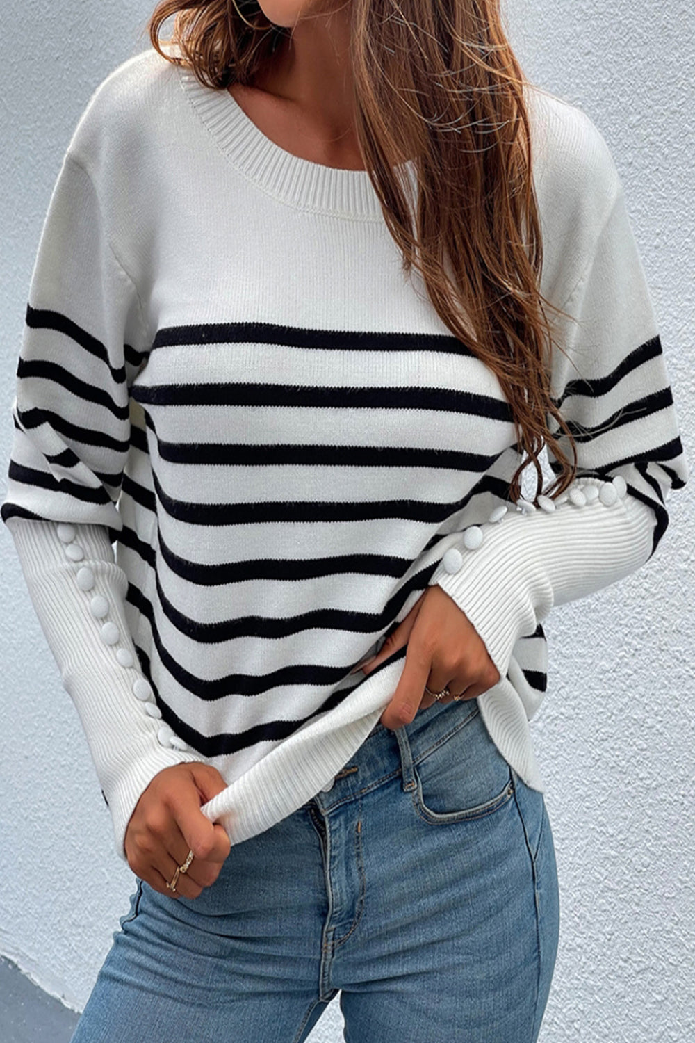 Creamtopmall Button Contrast Striped Sweater