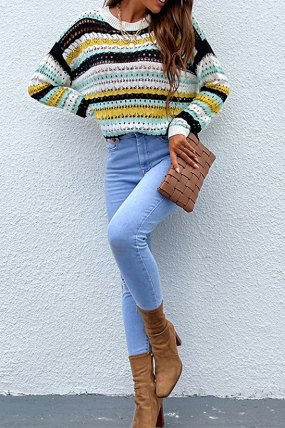 Creamtopmall Mix-Color Striped Patchwork Hollow Sweater