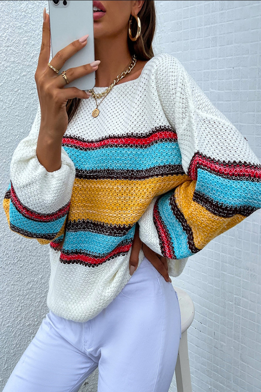 Creamtopmall Off-Shoulder Contrast Rainbow Striped Sweater