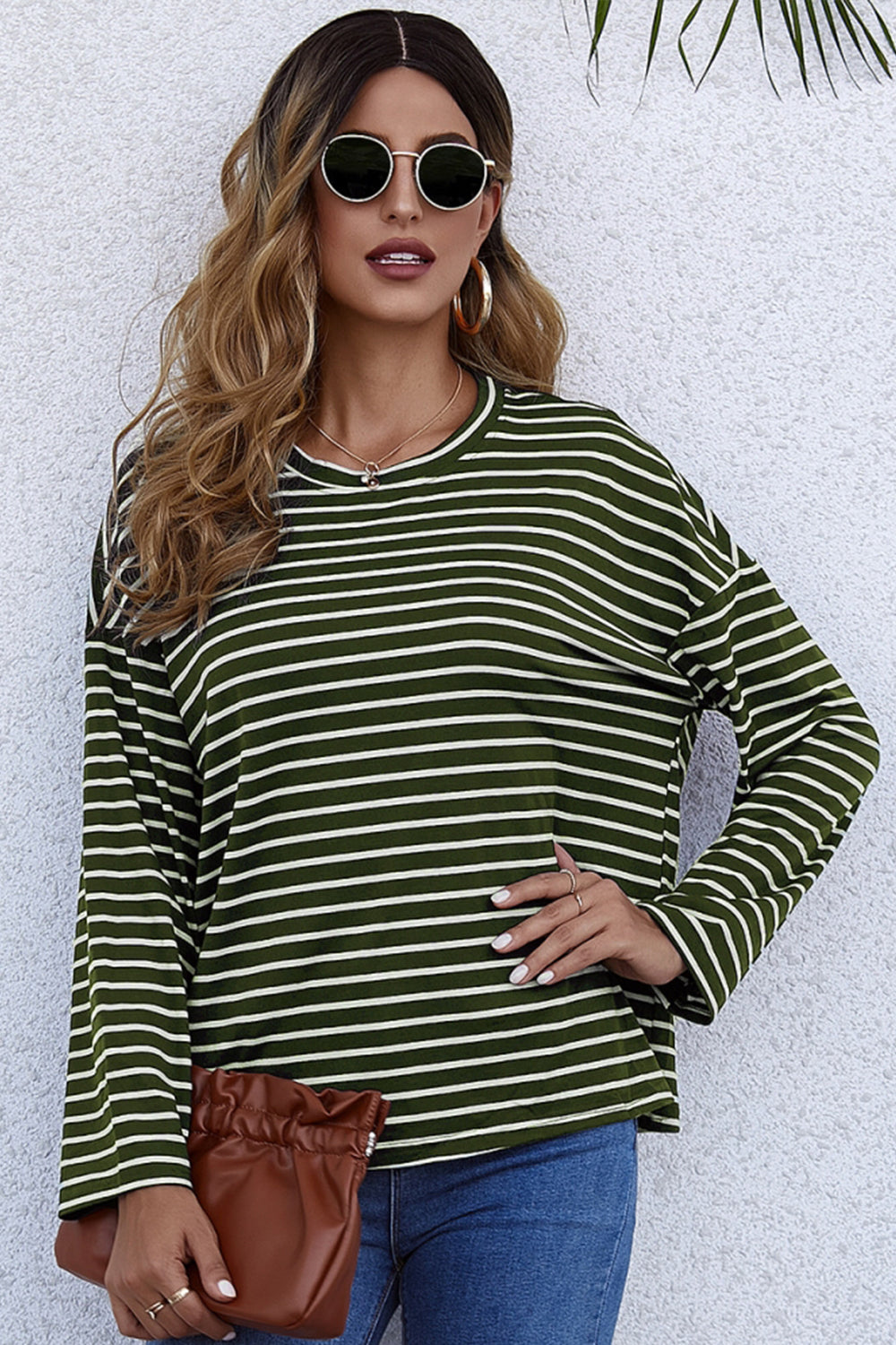 Creamtopmall Long-Sleeve Loose Round Neck Striped T-shirt