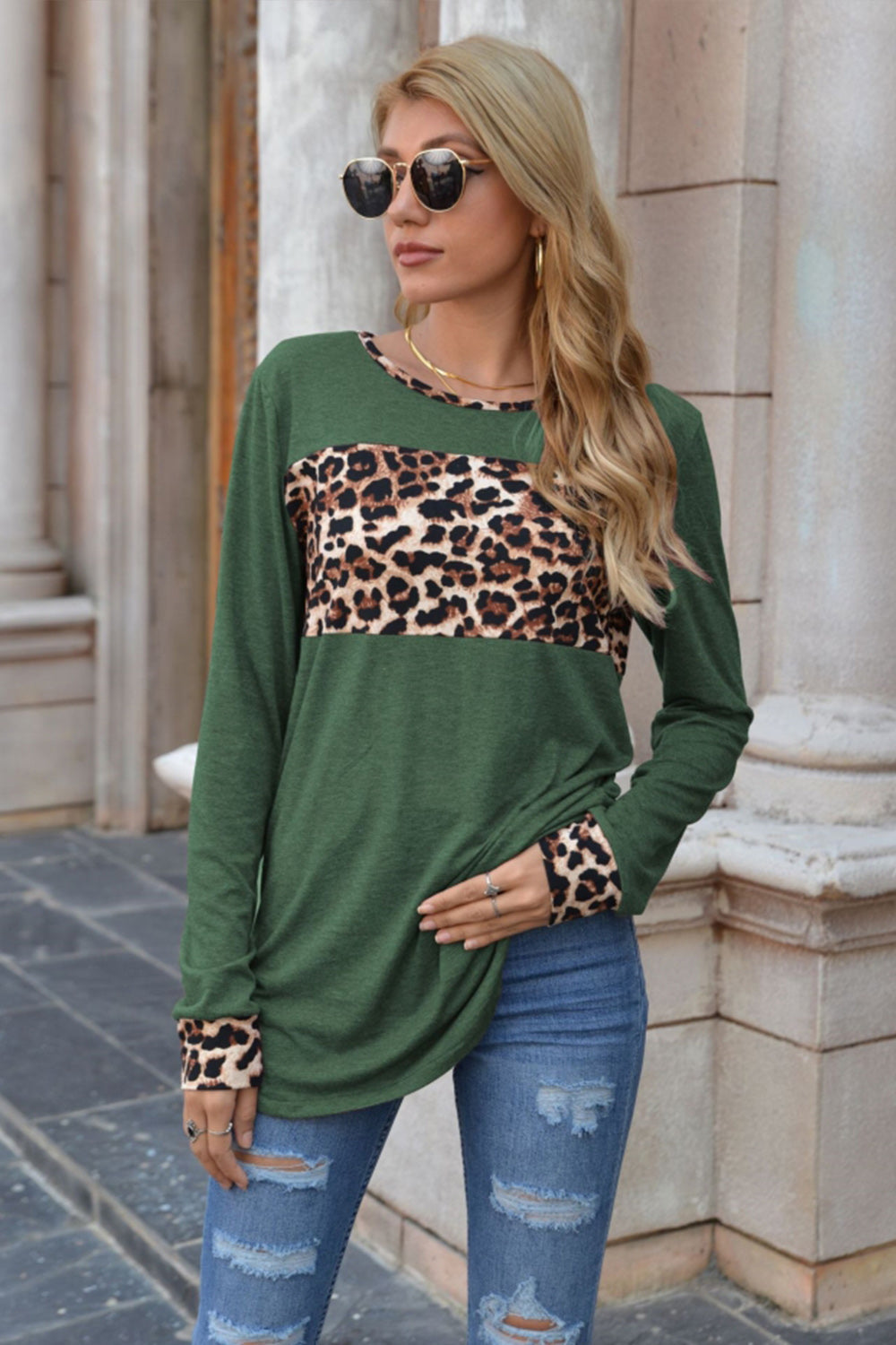 Creamtopmall Leopard Print Stitching Round Neck Long Sleeve T-shirt