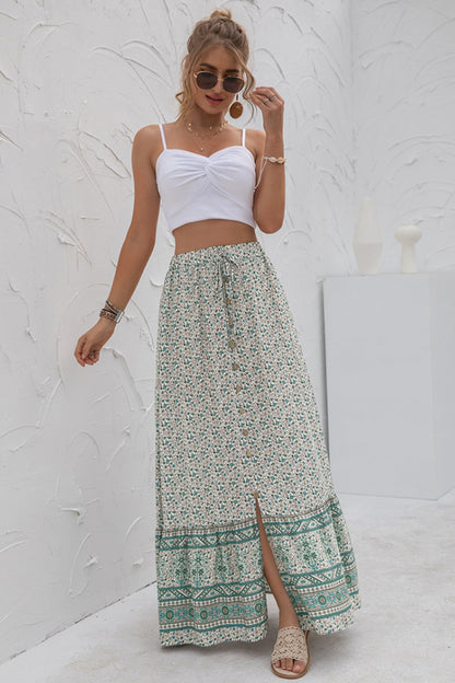 Creamtopmall High-Waist Printed Button-Up Slit Skirt