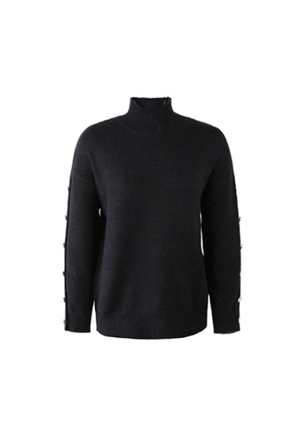 Creamtopmall High Neck Button Knit Sweater