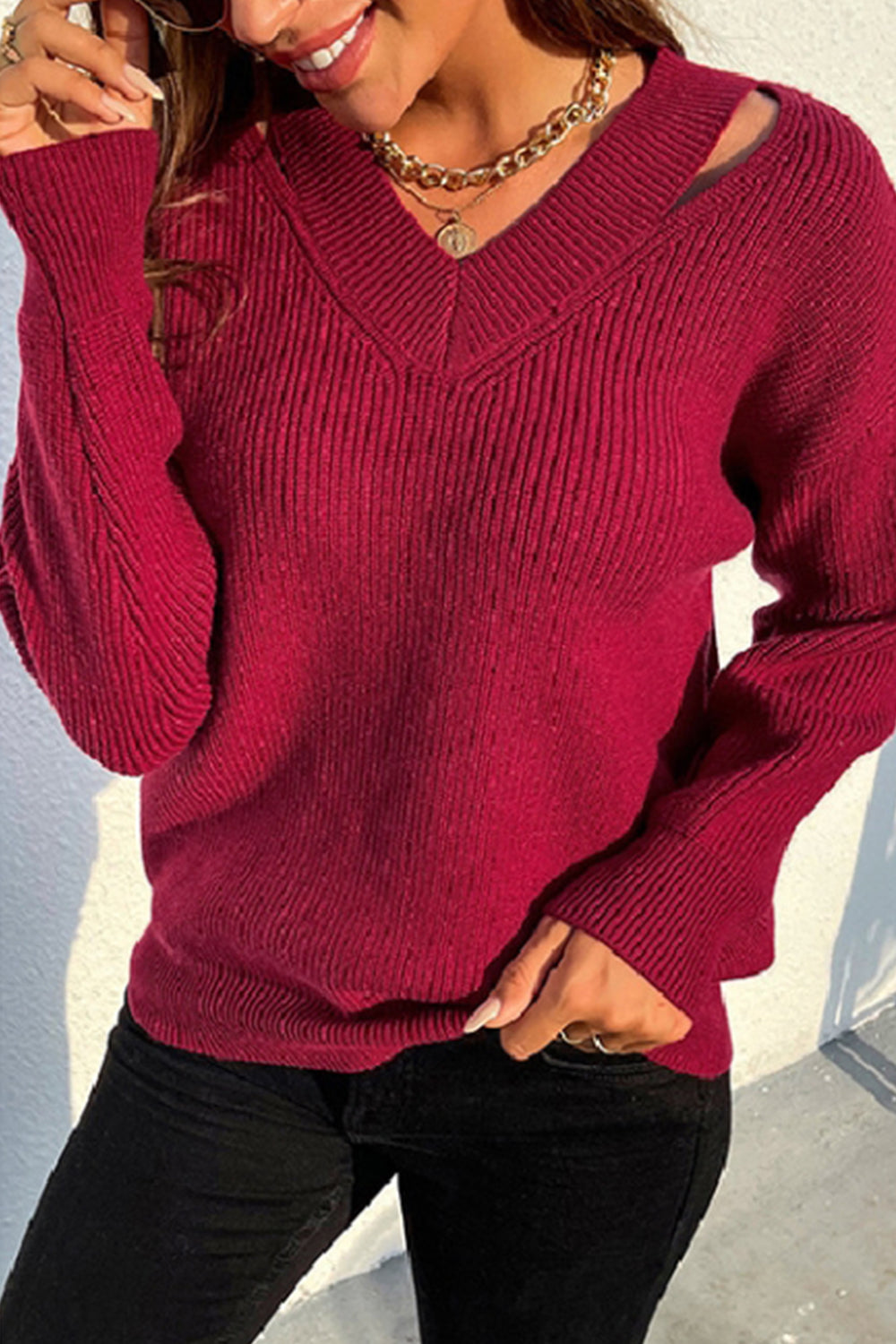 Creamtopmall V-Neck Solid Color Sweater