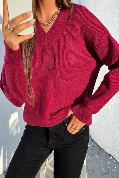 Creamtopmall V-Neck Solid Color Sweater