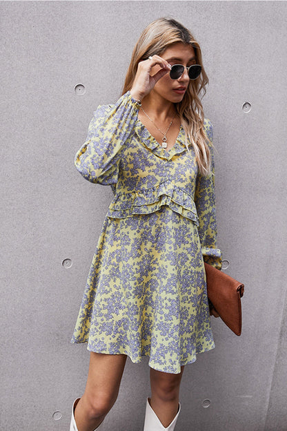 Creamtopmall French V-neck Print Floral Dress