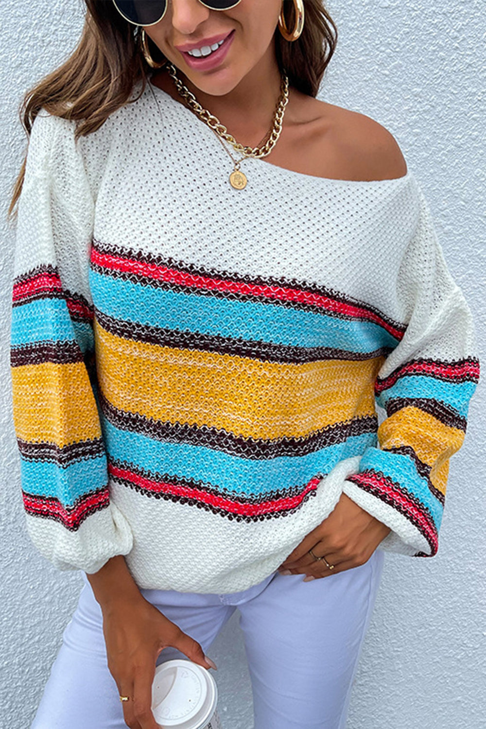 Creamtopmall Off-Shoulder Contrast Rainbow Striped Sweater