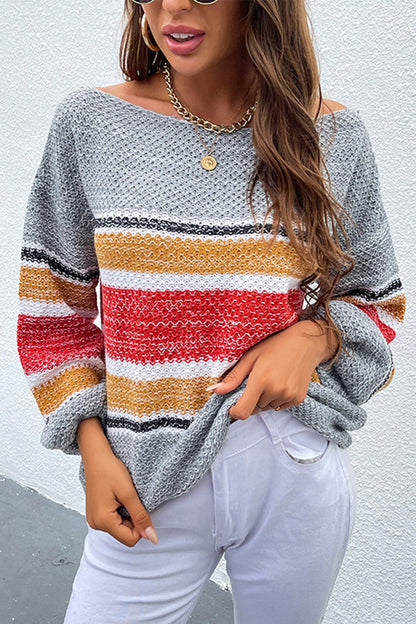 Creamtopmall Off-Shoulder Contrast Rainbow Striped Sweater