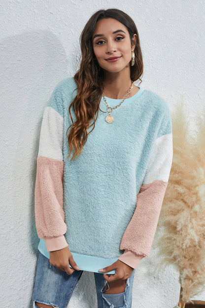 Creamtopmall Round Neck Three-Color Patchwork Sweater