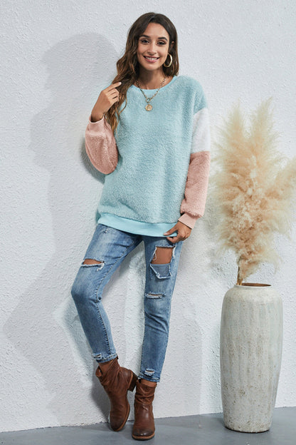 Creamtopmall Round Neck Three-Color Patchwork Sweater