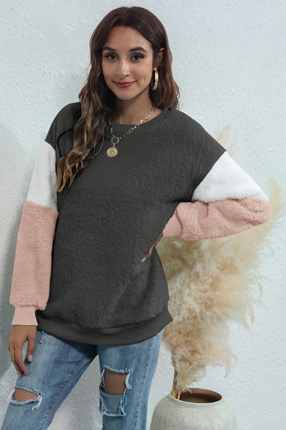 Creamtopmall Round Neck Three-Color Patchwork Sweater