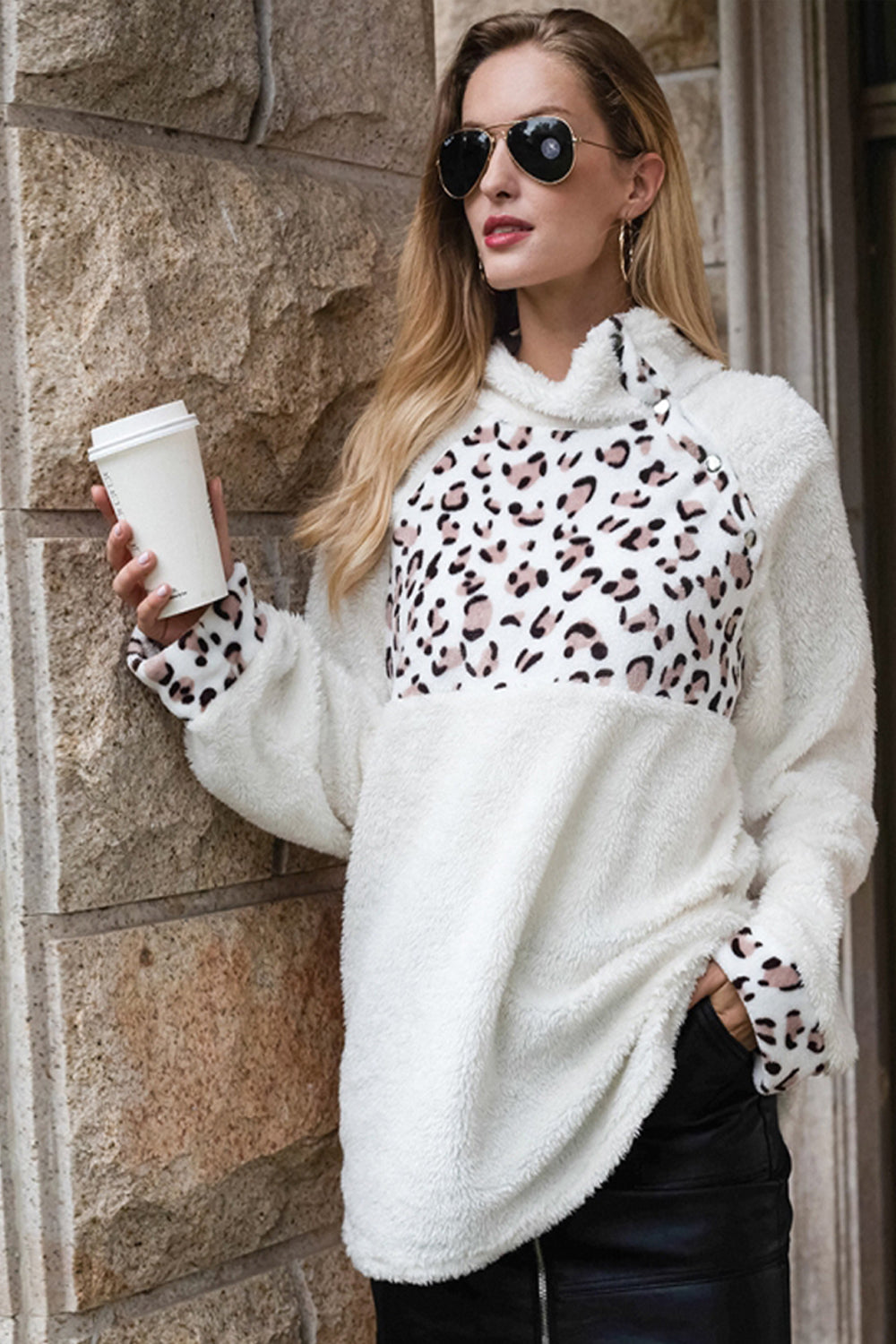 Creamtopmall Leopard Patchwork Half-high Collar Plush Hoodies