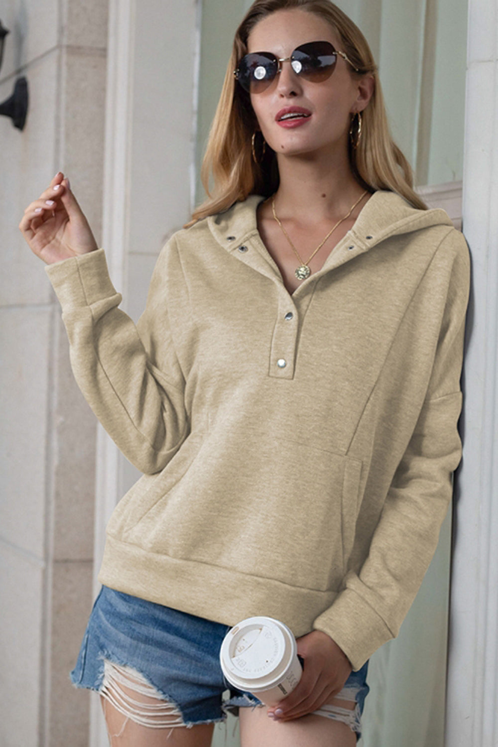 Creamtopmall Hooded Pocket Button Solid Color Sweater