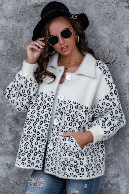 Creamtopmall Leopard Print Stitching Button Plush Coat