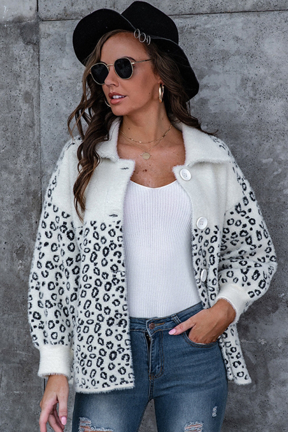 Creamtopmall Leopard Print Stitching Button Plush Coat