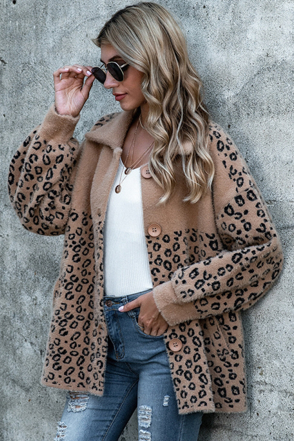 Creamtopmall Leopard Print Stitching Button Plush Coat