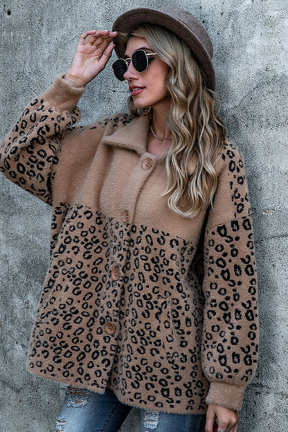 Creamtopmall Leopard Print Stitching Button Plush Coat