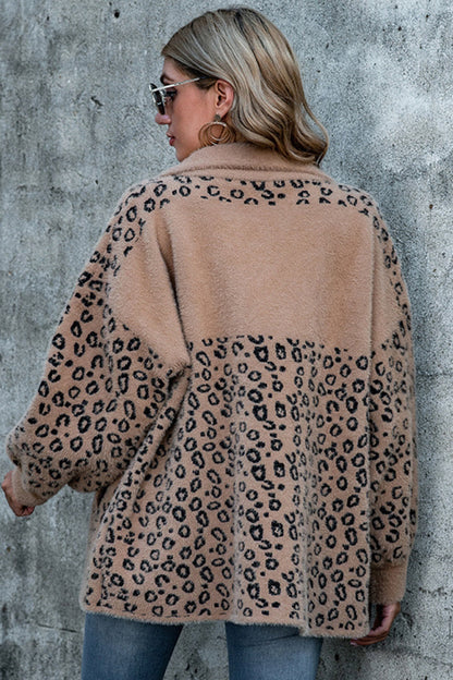 Creamtopmall Leopard Print Stitching Button Plush Coat