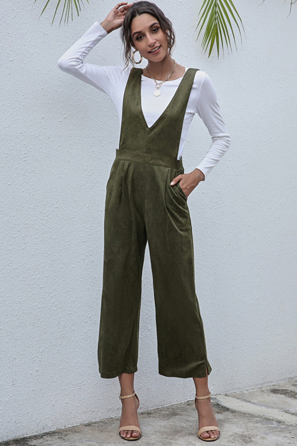 creamtopmall V-Neck Solid Color High Waist Jumpsuit