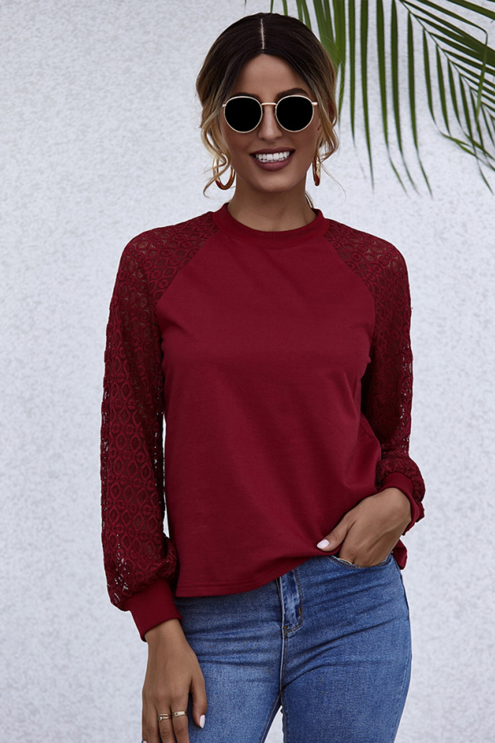 Creamtopmall Stitching Long Sleeve Hollowed Out Slim Top