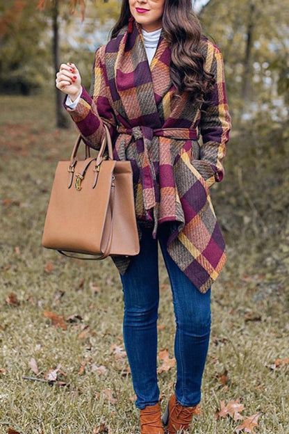 Creamtopmall Tweed Belt Plaid Coat