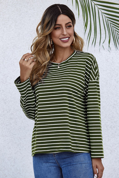 Creamtopmall Long-Sleeve Loose Round Neck Striped T-shirt